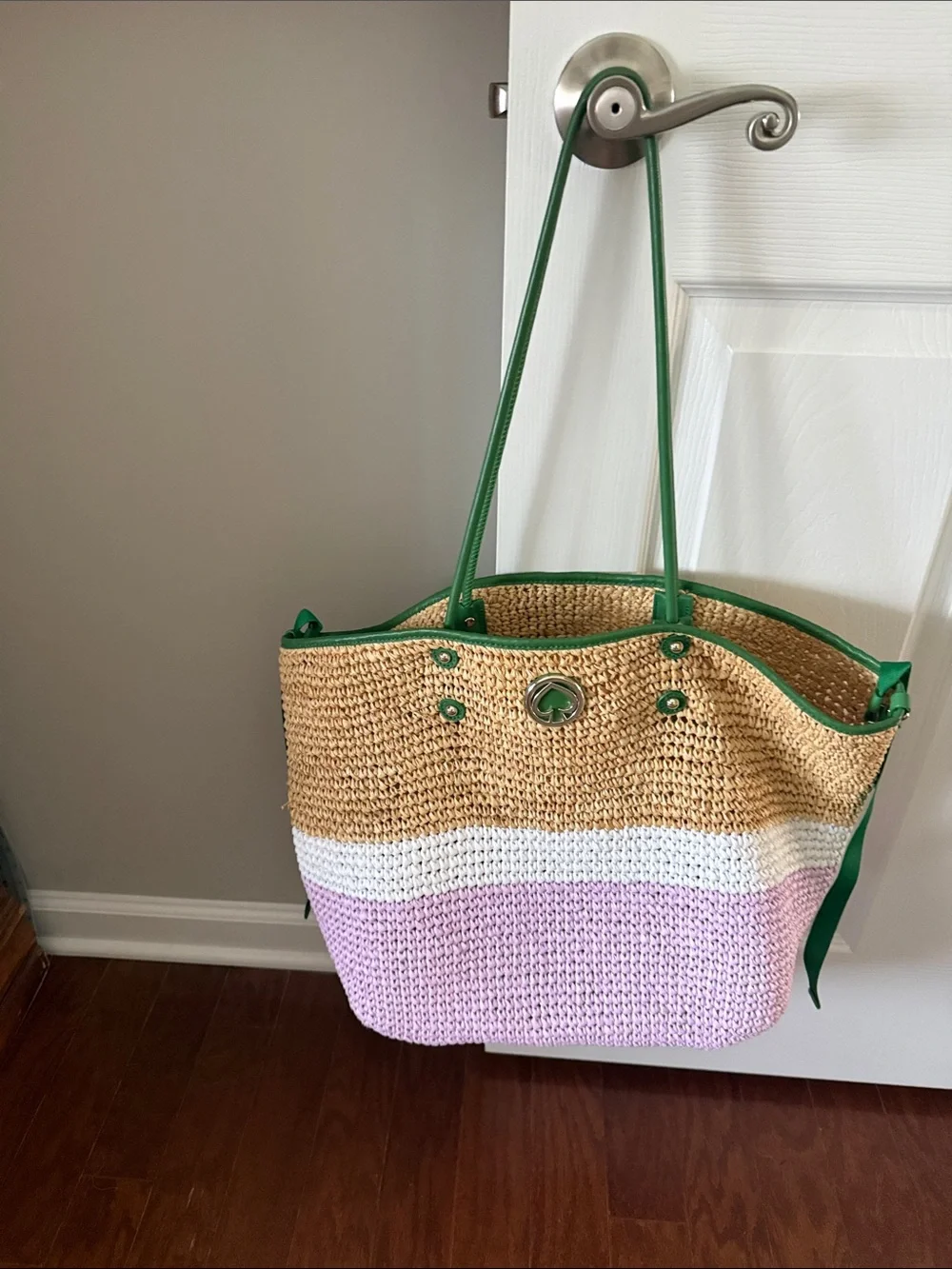 kate spade Straw Tote with Pink, White & Green Accents - with dust bag  & clutch